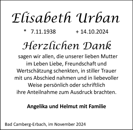 Traueranzeige von Elisabeth Urban von Camberger Anzeiger