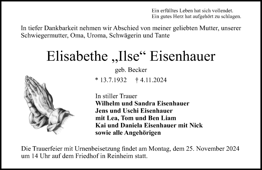  Traueranzeige für Elisabethe Eisenhauer vom 16.11.2024 aus Darmstädter Echo