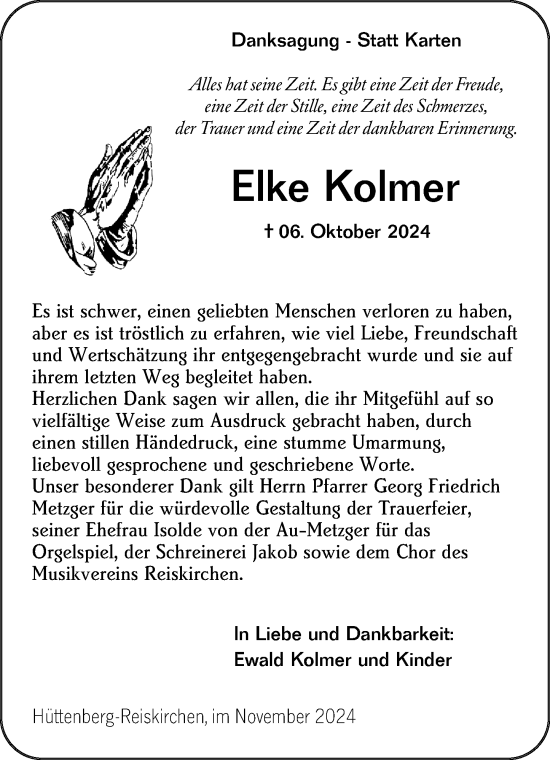 Traueranzeige von Elke Kolmer von Wetzlarer Neue Zeitung
