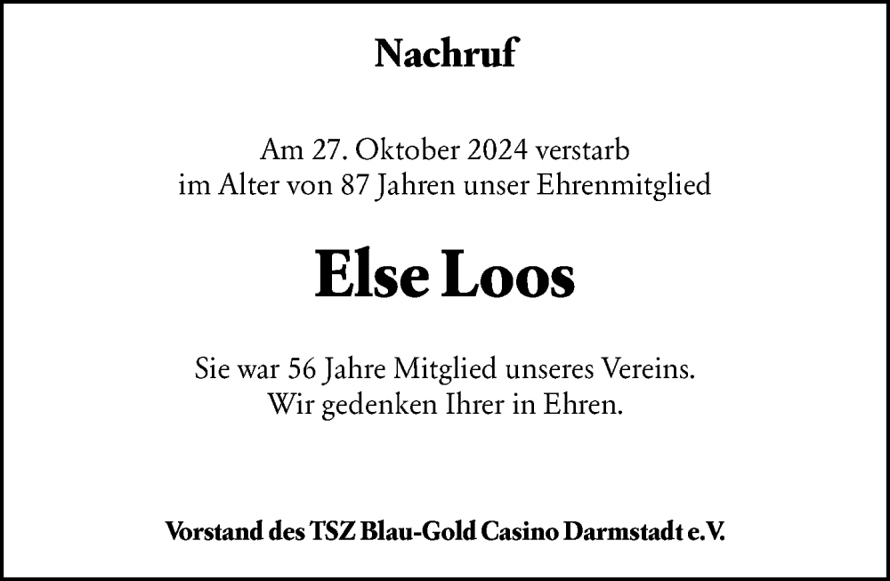  Traueranzeige für Else Loos vom 09.11.2024 aus Darmstädter Echo