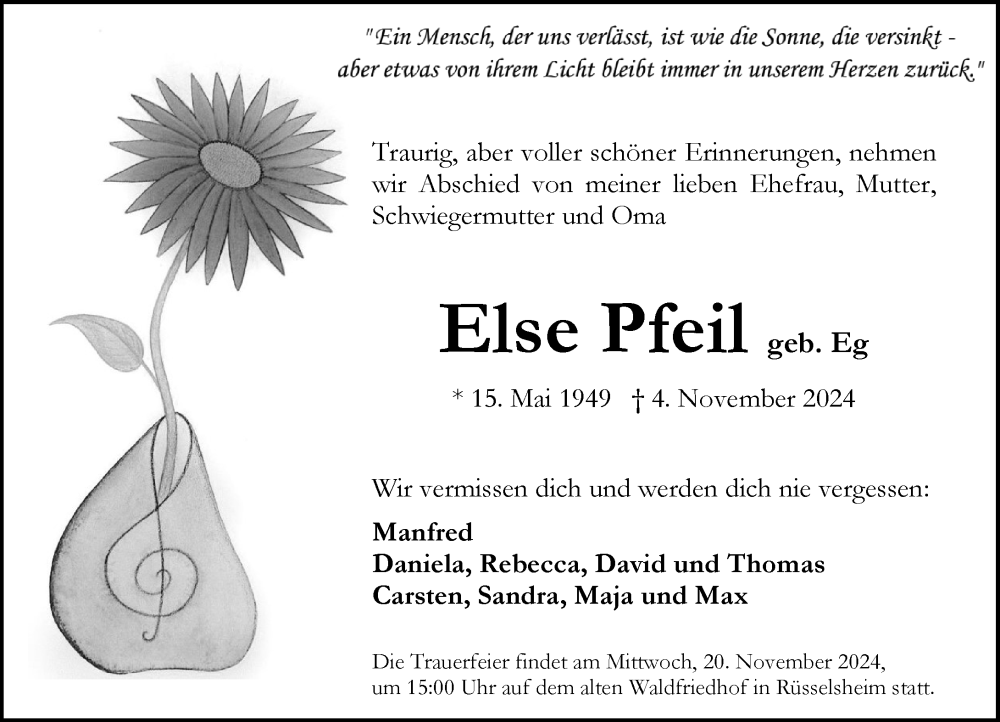  Traueranzeige für Else Pfeil vom 16.11.2024 aus Rüsselsheimer Echo