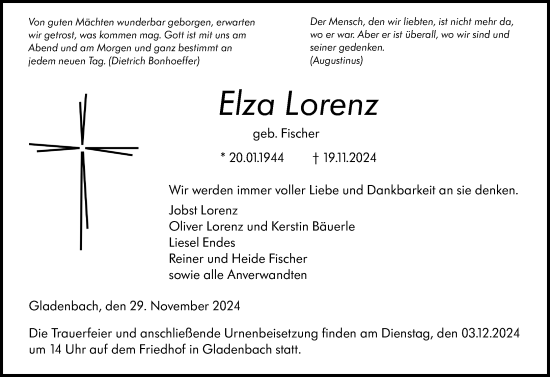 Traueranzeige von Elza Lorenz von Hinterländer Anzeiger