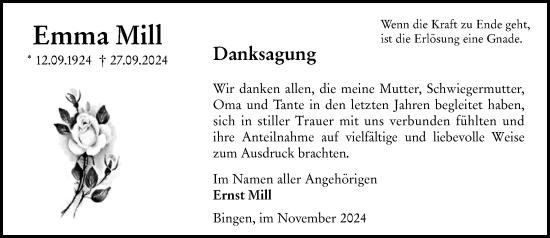 Traueranzeige von Emma Mill von Allgemeine Zeitung Rheinhessen-Nahe