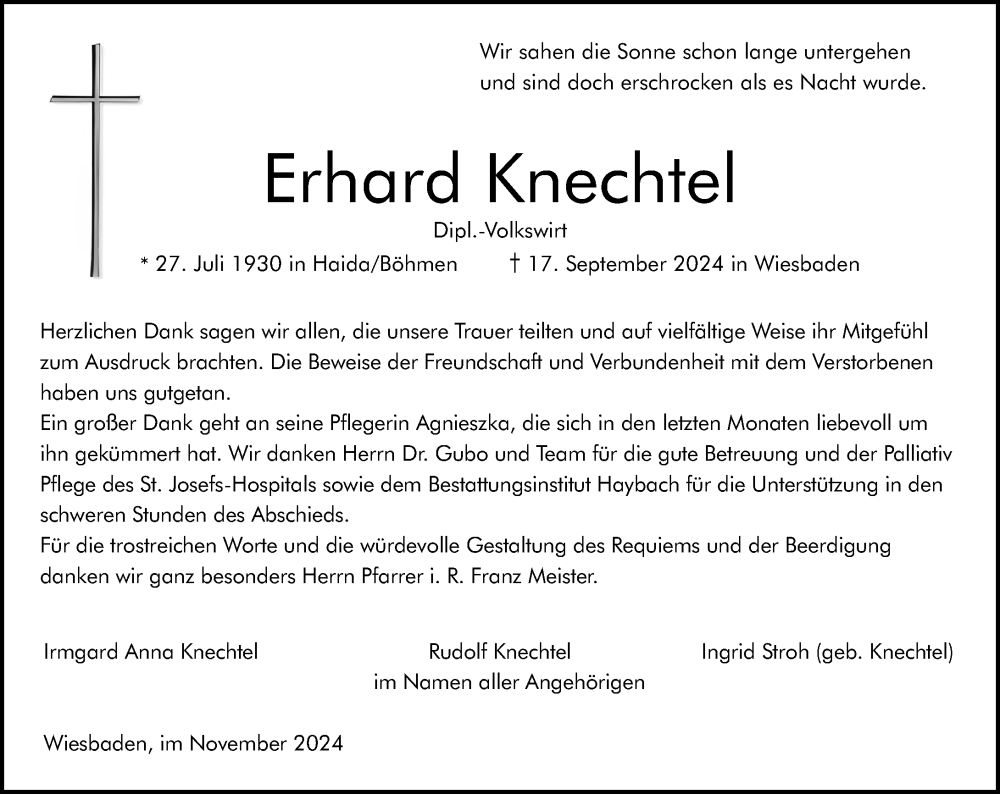  Traueranzeige für Erhard Knechtel vom 09.11.2024 aus Wiesbadener Kurier