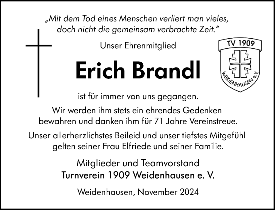 Traueranzeige von Erich Brandl von Hinterländer Anzeiger