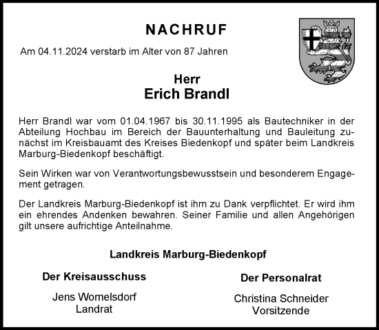 Traueranzeige von Erich Brandl von Hinterländer Anzeiger