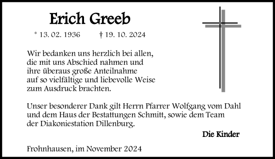 Traueranzeige von Erich Greeb von Dill Block
