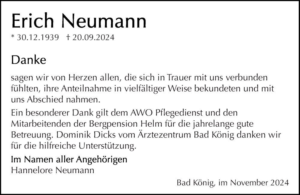  Traueranzeige für Erich Neumann vom 09.11.2024 aus Odenwälder Echo