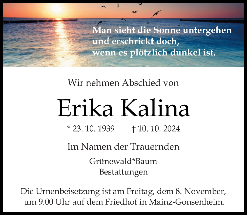  Traueranzeige für Erika Kalina vom 02.11.2024 aus Allgemeine Zeitung Mainz