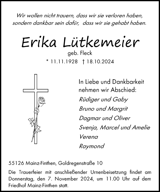 Traueranzeige von Erika Lütkemeier von Allgemeine Zeitung Mainz