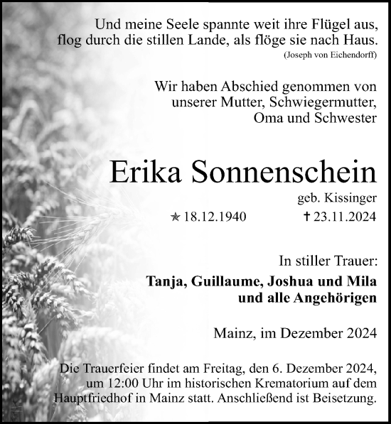 Traueranzeige von Erika Sonnenschein von Allgemeine Zeitung Mainz