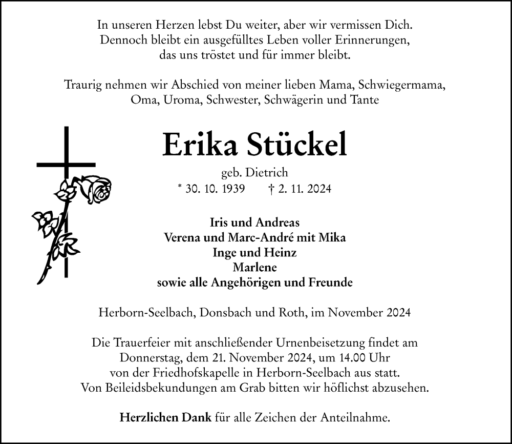  Traueranzeige für Erika Stöckel vom 16.11.2024 aus Dill Block