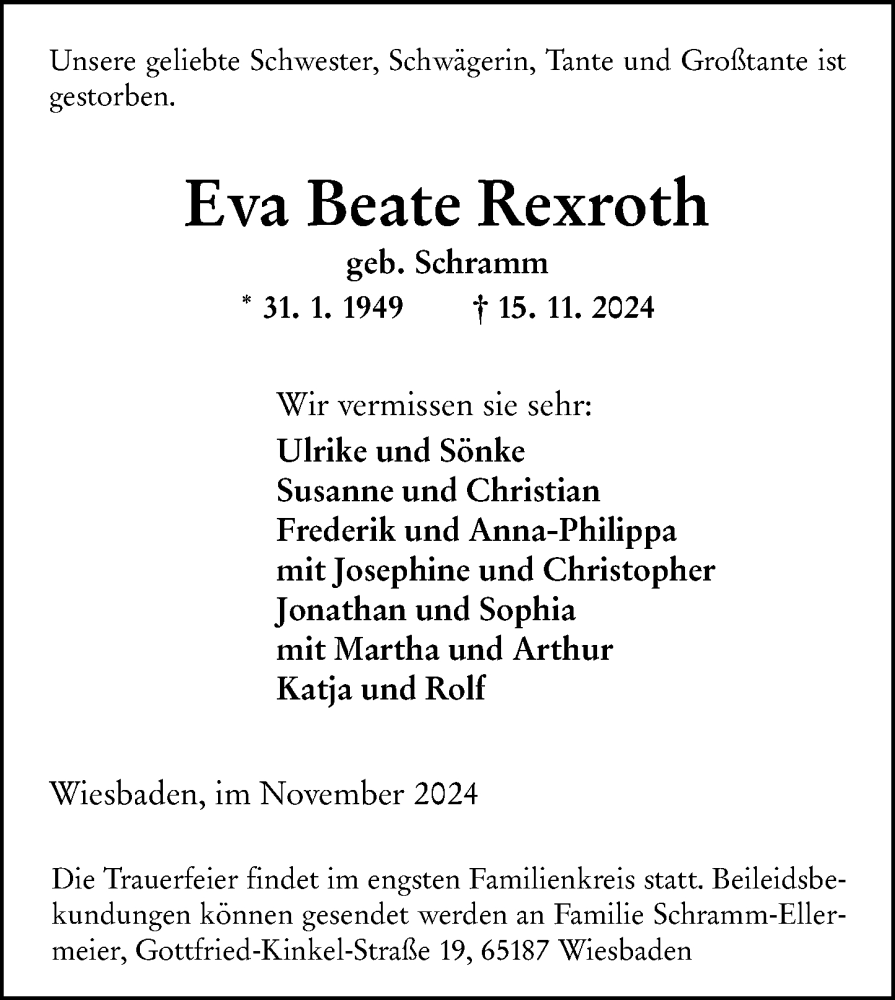  Traueranzeige für Eva Beate Rexroth vom 23.11.2024 aus Wiesbadener Kurier