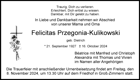 Traueranzeige von Felicitas Przegonia-Kulikowski von Dieburger Anzeiger/Groß-Zimmerner Lokal-Anzeiger