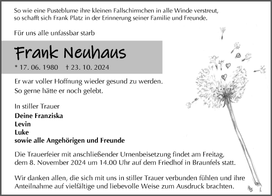 Traueranzeige von Frank Neuhaus von Wetzlarer Neue Zeitung