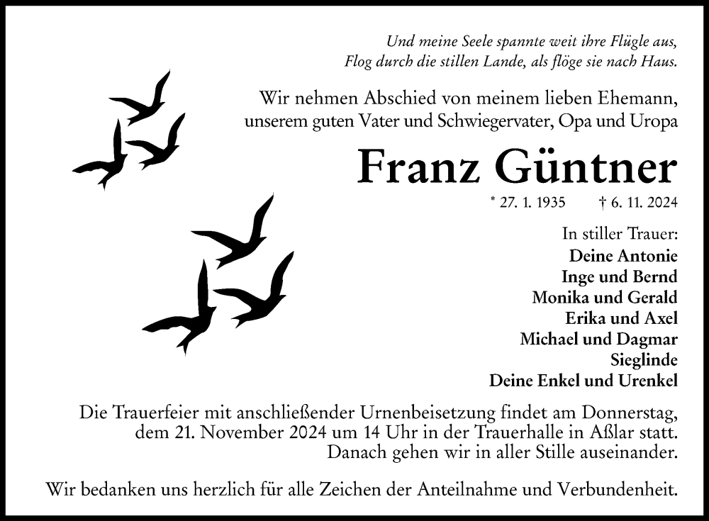  Traueranzeige für Franz Güntner vom 16.11.2024 aus Wetzlarer Neue Zeitung