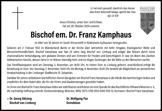 Traueranzeige von Franz Kamphaus von Nassauische Neue Presse