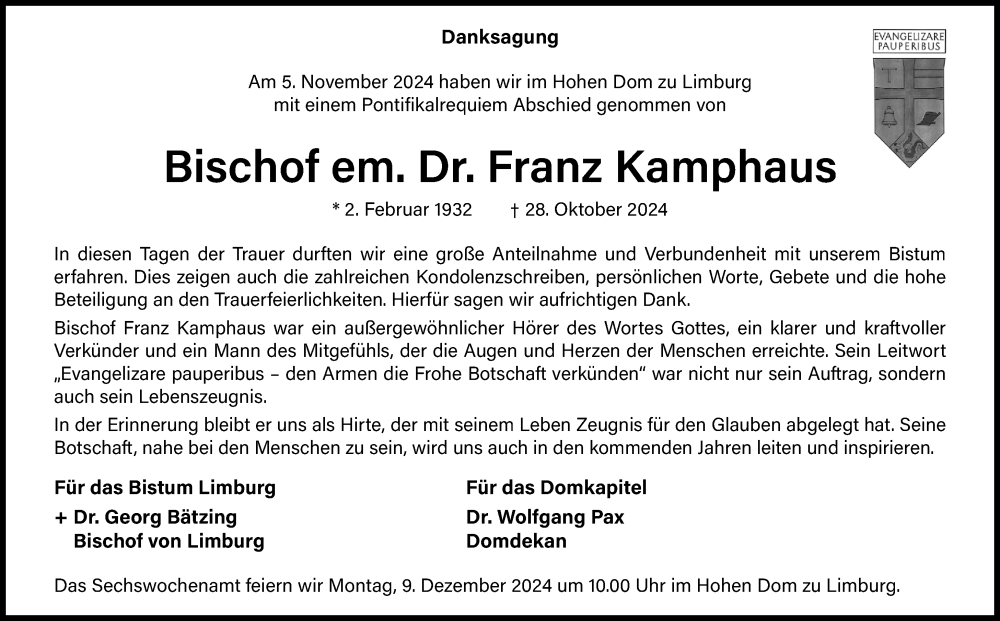  Traueranzeige für Franz Kamphaus vom 30.11.2024 aus Nassauische Neue Presse