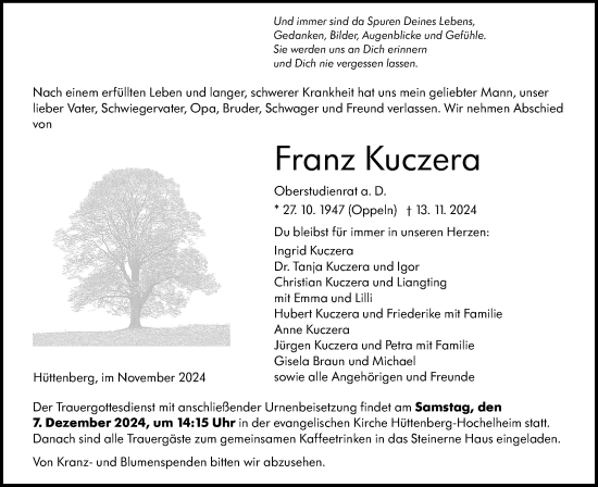 Traueranzeige von Franz Kuczera von Wetzlarer Neue Zeitung