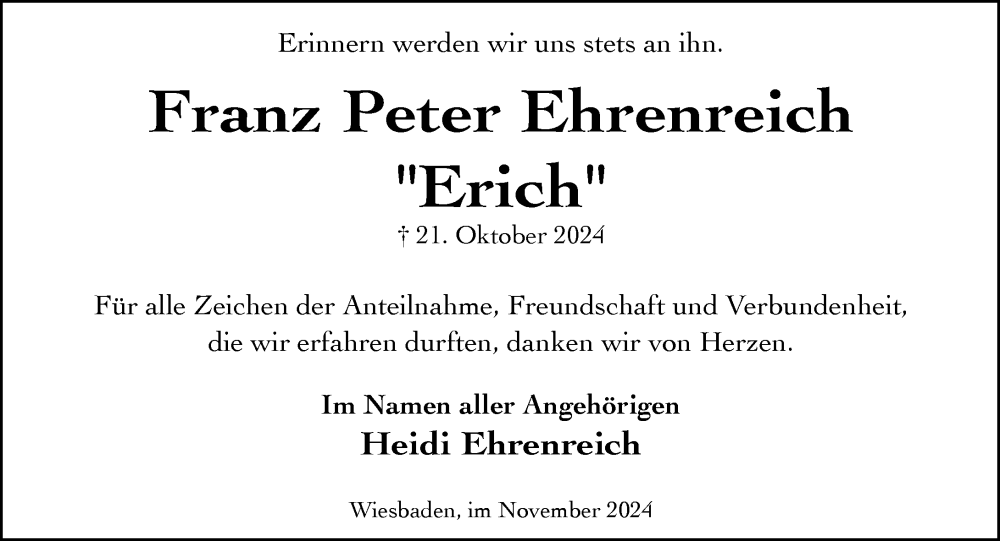  Traueranzeige für Franz Peter Ehrenreich vom 16.11.2024 aus Wiesbadener Kurier