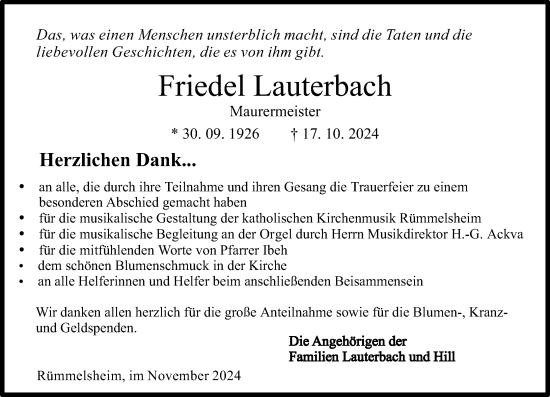 Traueranzeige von Friedel Lauterbach von Binger-/Ingelheimer Wochenblatt