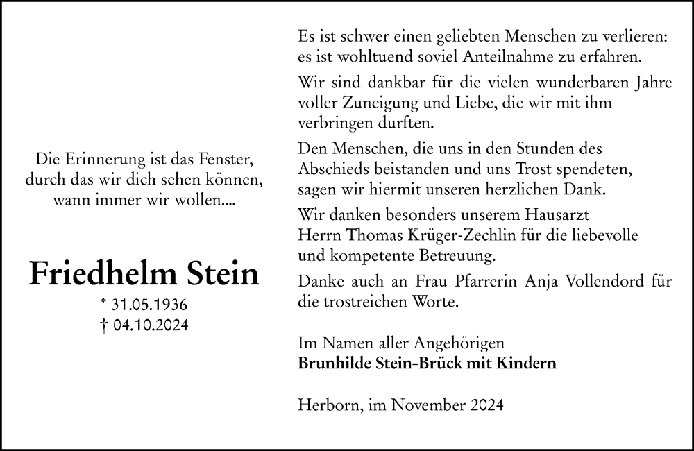  Traueranzeige für Friedhelm Stein vom 15.11.2024 aus Dill Block