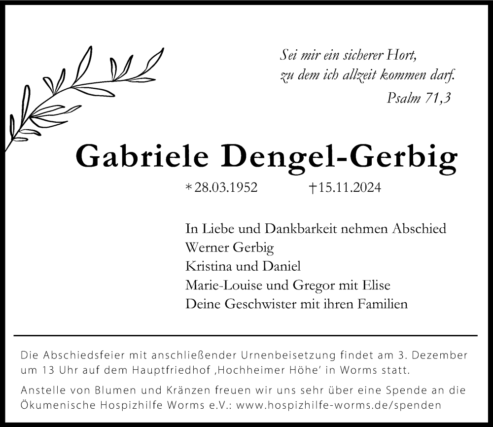  Traueranzeige für Gabriele Dengel-Gerbig vom 30.11.2024 aus Wormser Zeitung