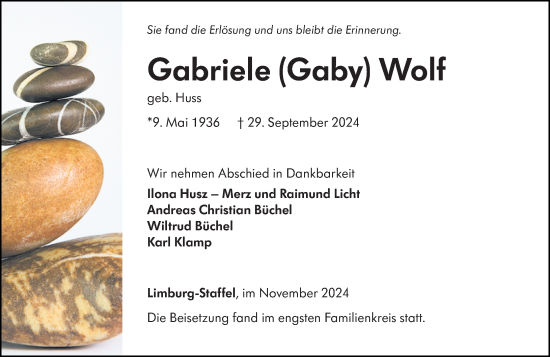 Traueranzeige von Gabriele Wolf von Nassauische Neue Presse