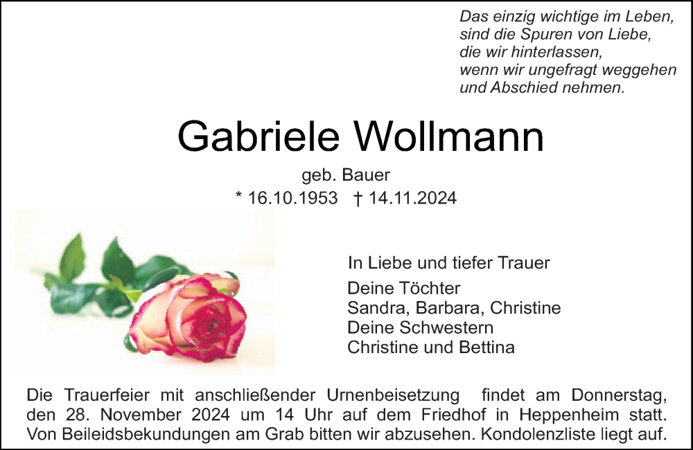 Traueranzeige für Gabriele Wollmann vom 23.11.2024 aus Starkenburger Echo