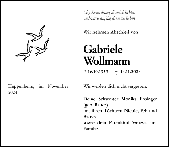 Traueranzeige von Gabriele Wollmann von Starkenburger Echo
