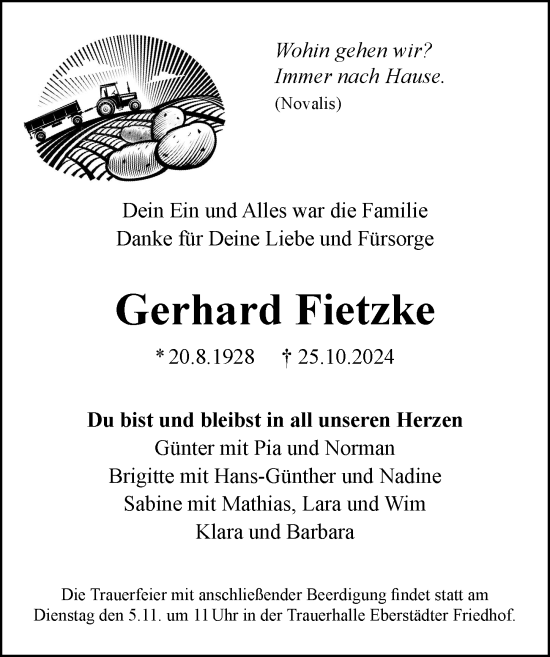 Traueranzeige von Gerhard Fietzke von Darmstädter Echo