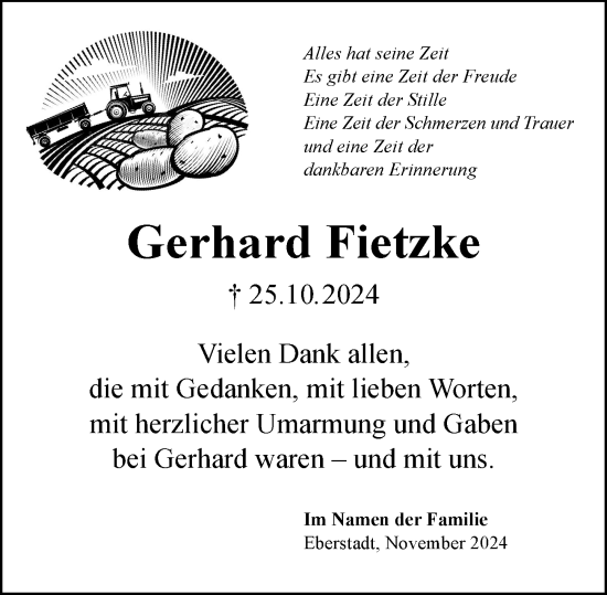 Traueranzeige von Gerhard Fietzke von Darmstädter Echo