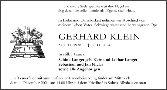 Traueranzeige von Gerhard Klein von Wetzlarer Neue Zeitung