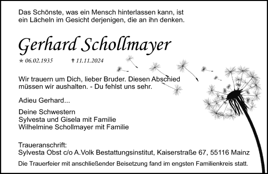 Traueranzeige von Gerhard Schollmayer von Allgemeine Zeitung Mainz