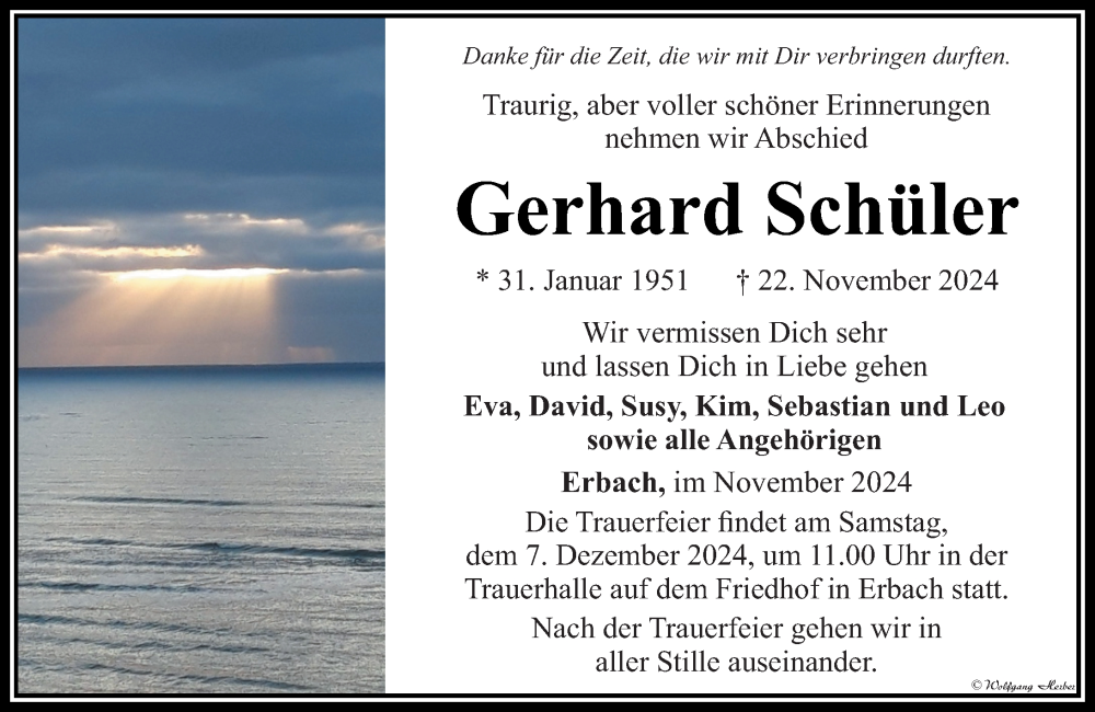  Traueranzeige für Gerhard Schüler vom 28.11.2024 aus Camberger Anzeiger