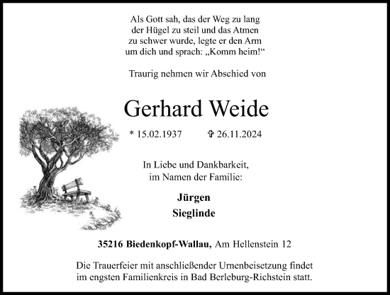 Traueranzeige von Gerhard Weide von Hinterländer Anzeiger