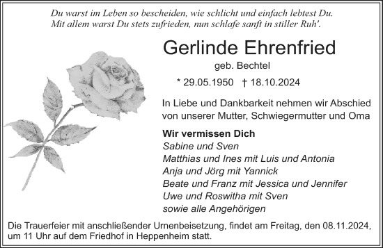 Traueranzeige von Gerlinde Ehrenfried von Starkenburger Echo