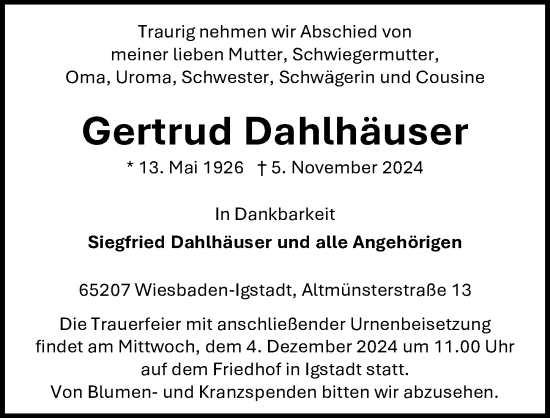 Traueranzeige von Gertrud Dahlhäuser von Wiesbadener Kurier