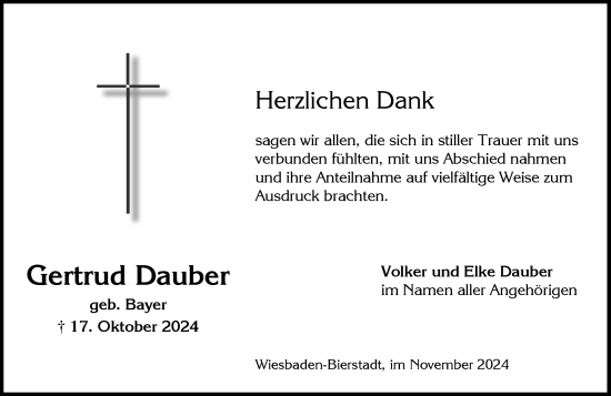 Traueranzeige von Gertrud Dauber von Wiesbadener Kurier