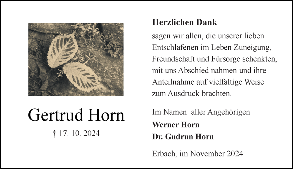  Traueranzeige für Gertrud Horn vom 23.11.2024 aus Odenwälder Echo