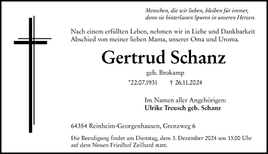 Traueranzeige von Gertrud Schanz von Odenwälder Echo