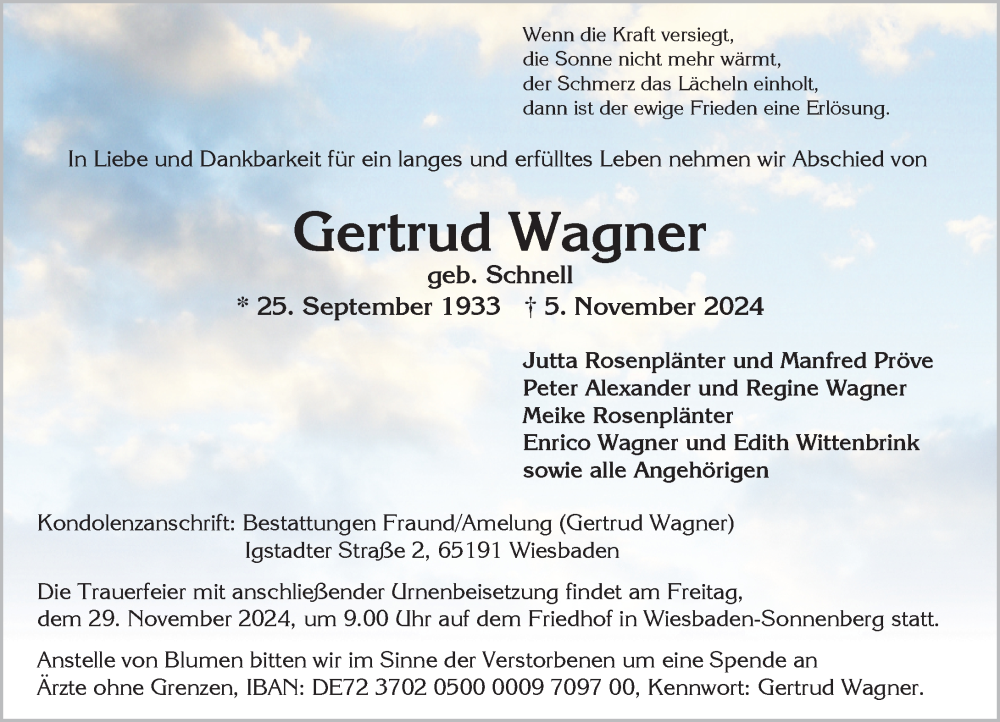  Traueranzeige für Gertrud Wagner vom 16.11.2024 aus Wiesbadener Kurier