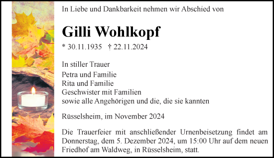 Traueranzeige von Gilli Wohlkopf von Rüsselsheimer Echo