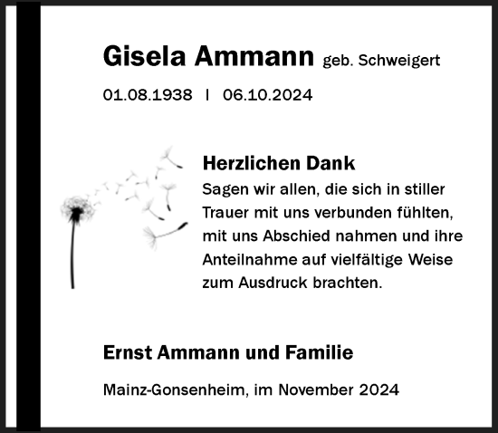 Traueranzeige von Gisela Ammann von Allgemeine Zeitung Mainz