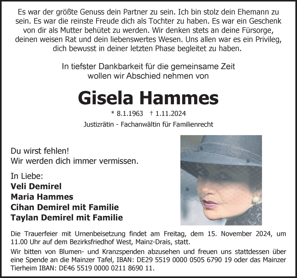  Traueranzeige für Gisela Hammes vom 09.11.2024 aus Allgemeine Zeitung Mainz