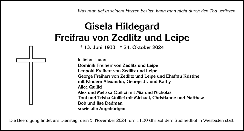  Traueranzeige für Gisela Hildegard Freifrau von Zedlitz und Leipe vom 02.11.2024 aus Wiesbadener Kurier