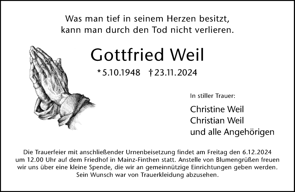  Traueranzeige für Gottfried Weil vom 30.11.2024 aus Allgemeine Zeitung Mainz