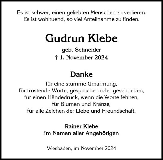 Traueranzeige von Gudrun Klebe von Wiesbadener Kurier