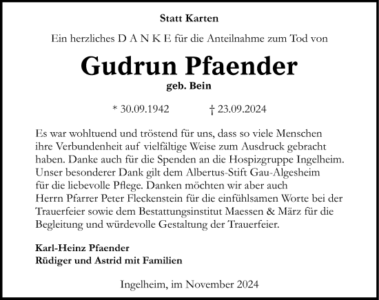 Traueranzeige von Gudrun Pfaender von Allgemeine Zeitung Rheinhessen-Nahe
