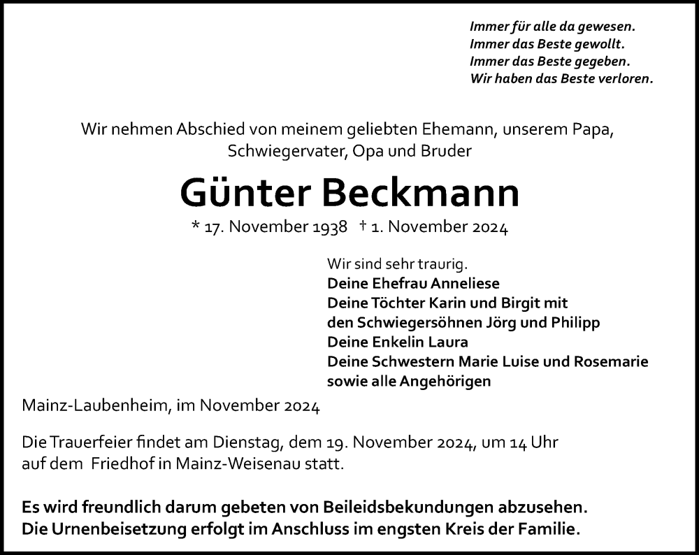  Traueranzeige für Günter Beckmann vom 16.11.2024 aus Allgemeine Zeitung Mainz